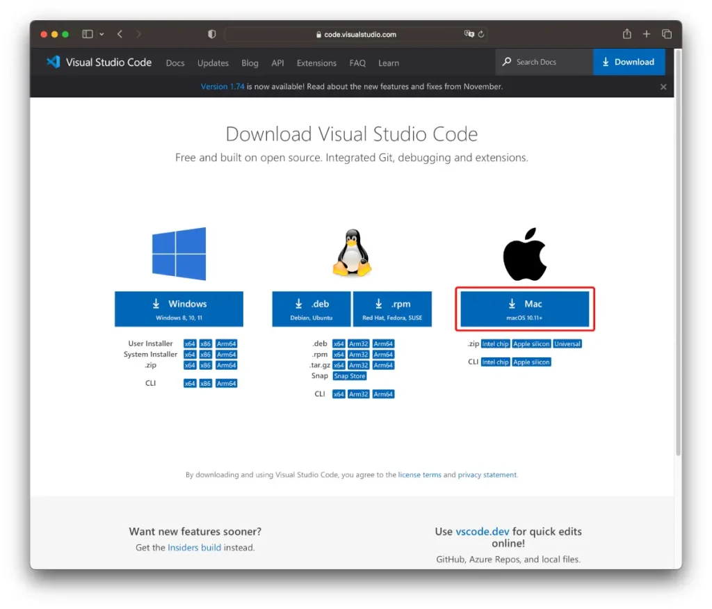 Visual Studio Code 公式サイト ダウンロードページ