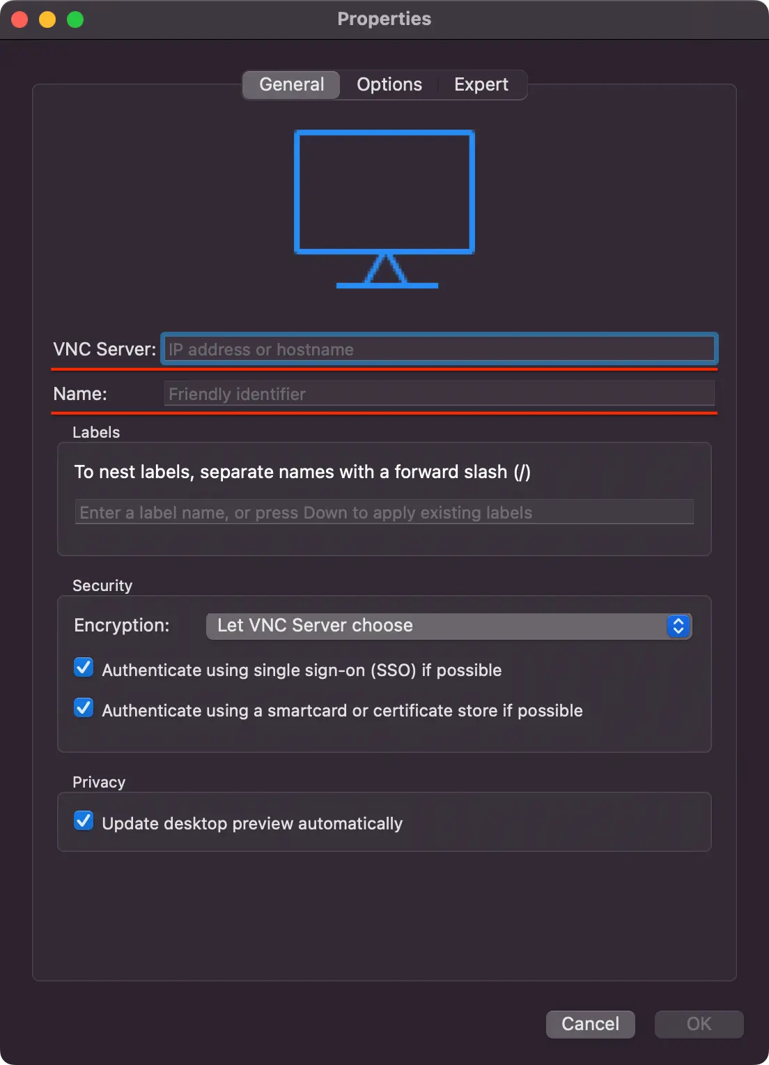 Real VNC Viewer Propertiesウィンドウ